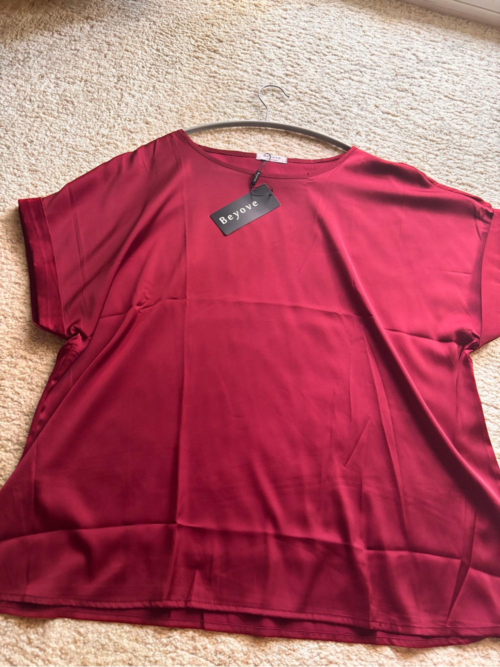 Women’s Burgundy Cap-Sleeve Satin Top